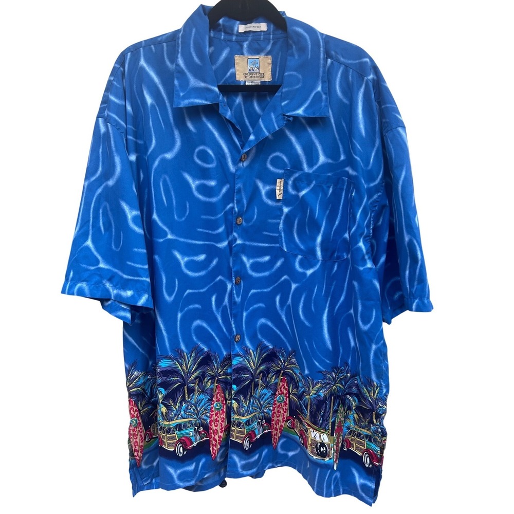 Coconut Pier Mens XXL Hawaiian‎ Aloha Shirt Surf Van Palm Trees Blue Polyester